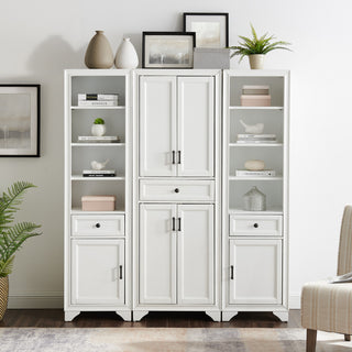 Tara 3-Piece Pantry Set, Distressed White Pantry and 2 Linen Cabinets