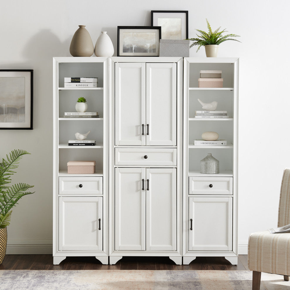 Tara 3-Piece Pantry Set, Distressed White Pantry and 2 Linen Cabinets