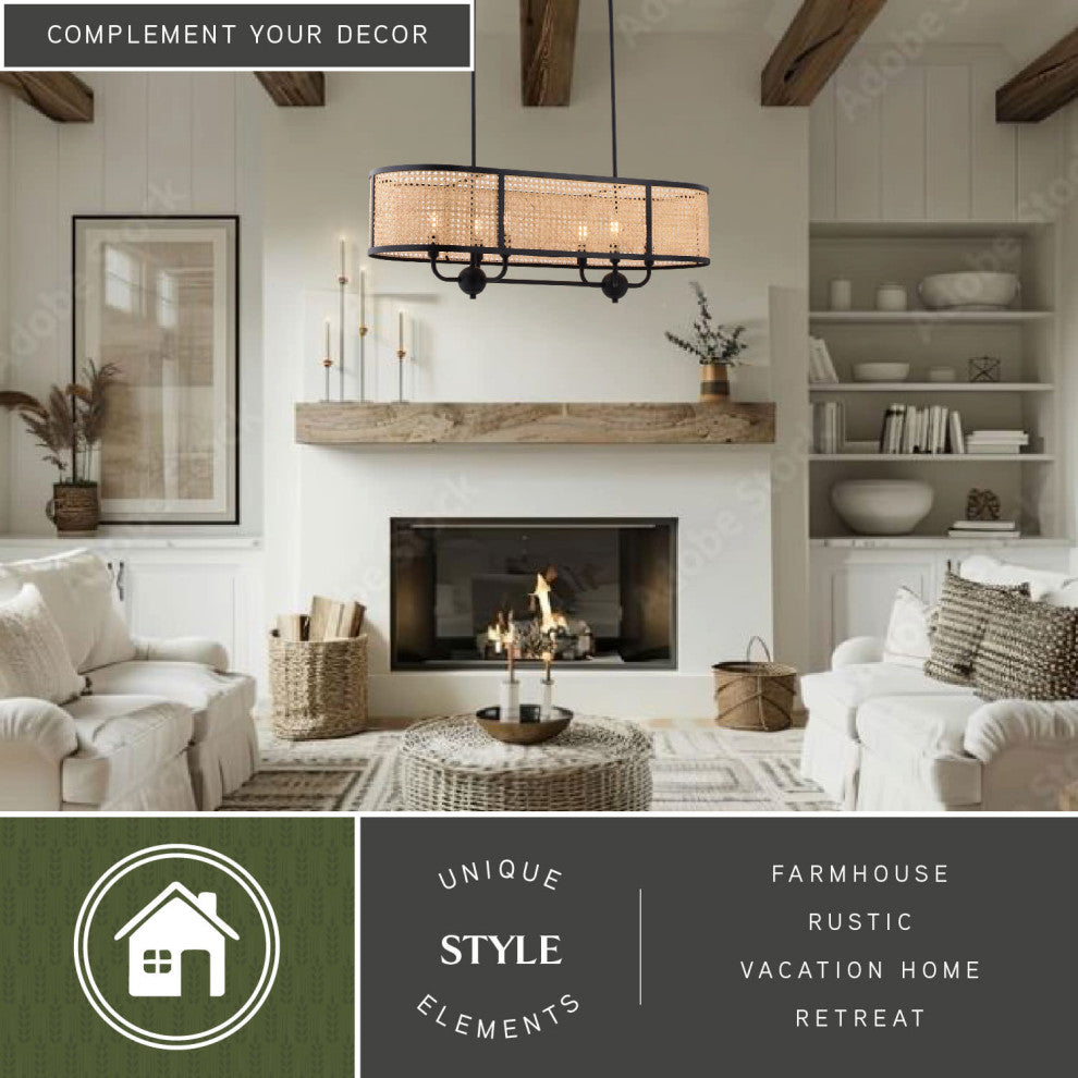 Berens Matte Black Farmhouse Chandelier Island Pendant Light Fixture Rattan Cane