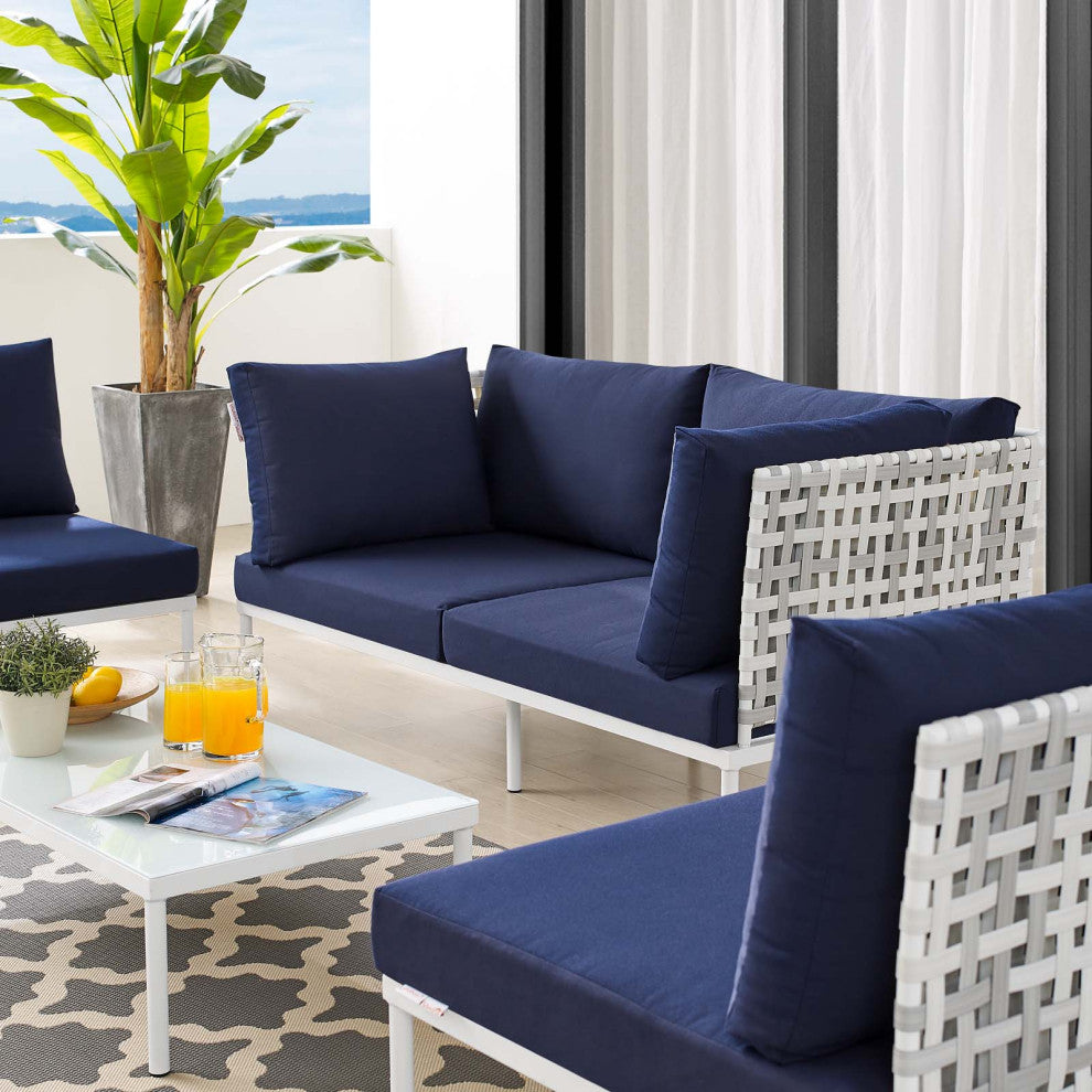 Lounge Sectional Sofa Chair Table Set, Sunbrella, Aluminum, Blue Navy, Outdoor