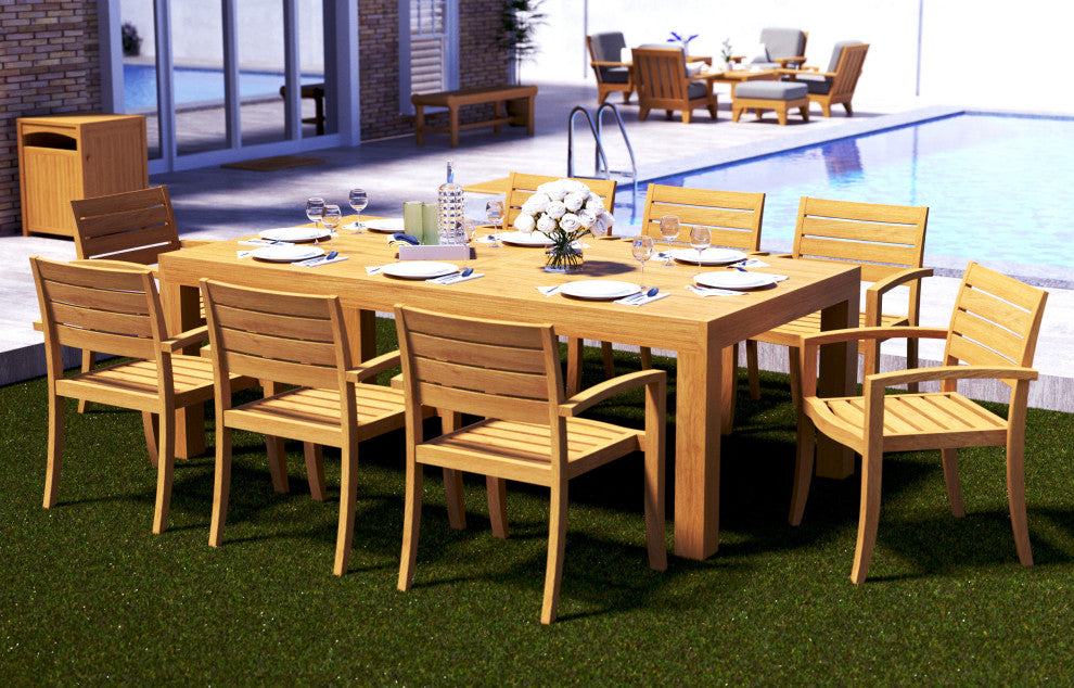 9-Piece Outdoor Teak Dining Set: 86" Rectangle Table, 8 Trav Stacking Arm Chairs
