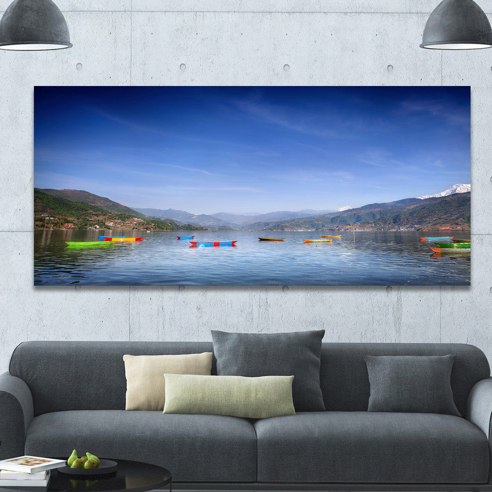 Boats in Pokhara Lake, Oversized Seashore Canvas Art Print, 60"x28"