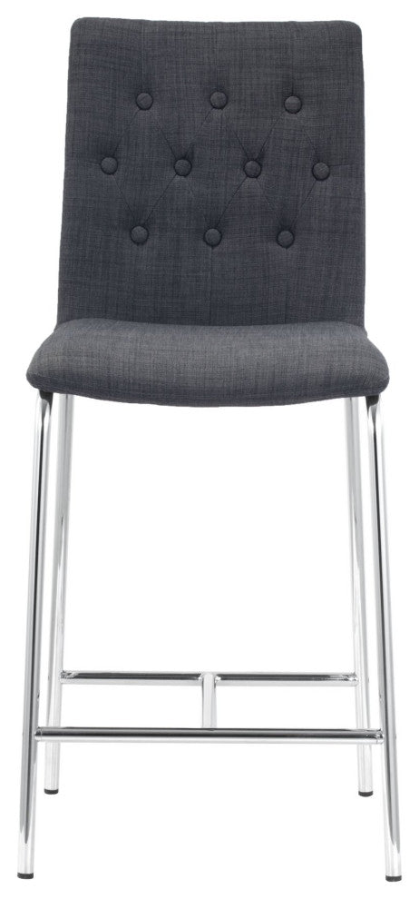 Counter Stool Chair, Set of 2, Steel Metal, Fabric, Gray, Chrome, Cafe