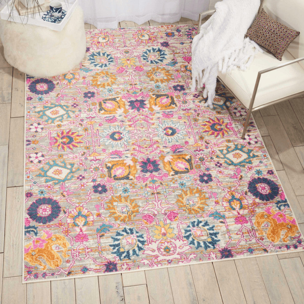 5' X 7' Gray and Pink Floral Power Loom Distressed Area Rug