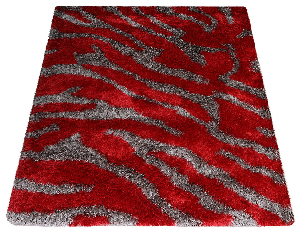 HAND TUFTED SHAG POLYESTER ECO-FRIENDLY AREA RUG,Red&Beige Color,Abstract Design