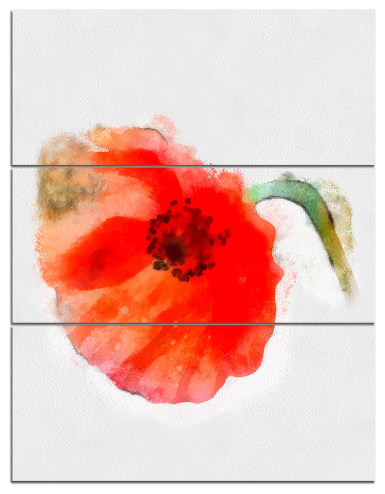 Large Red Poppy on White Back, Flower Artwork on Canvas, 28x36, 3 Panels