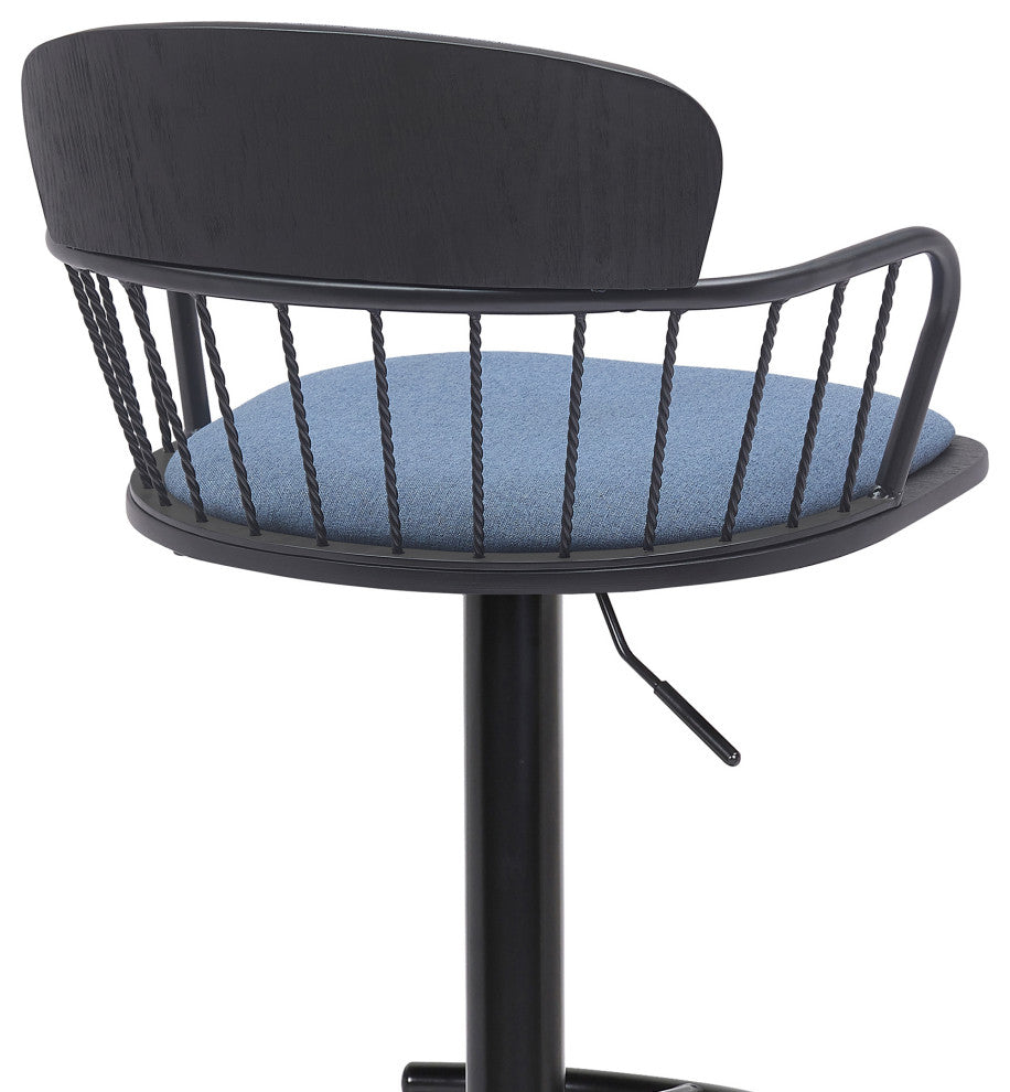 Nash Adjustable Black Wood Bar Stool, Blue Fabric With Black Metal, Blue