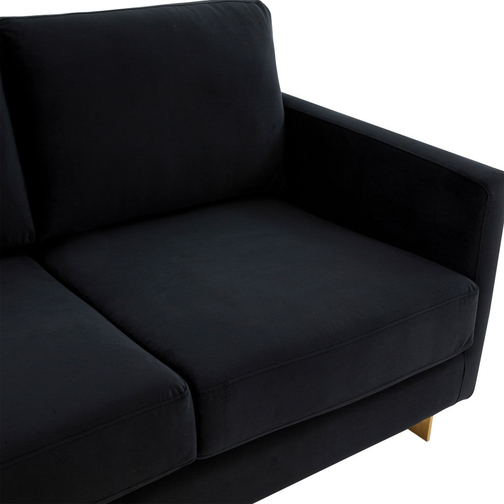 LeisureMod LA55BL Lincoln Midnight Black Mid-Century Velvet Loveseat Gold Frame