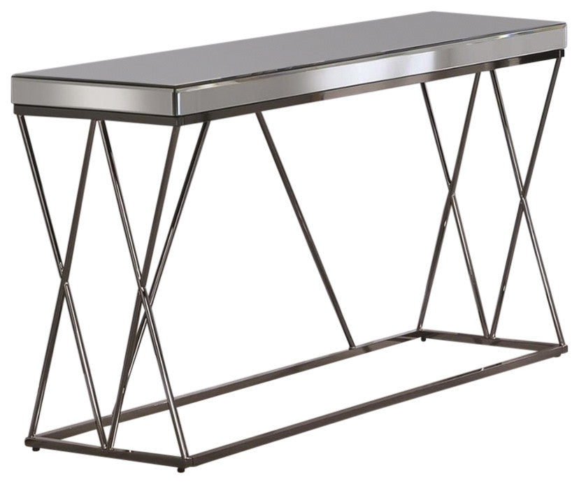 Modern Mirrored Sofa Table With Double X framed Base, Nickel Black