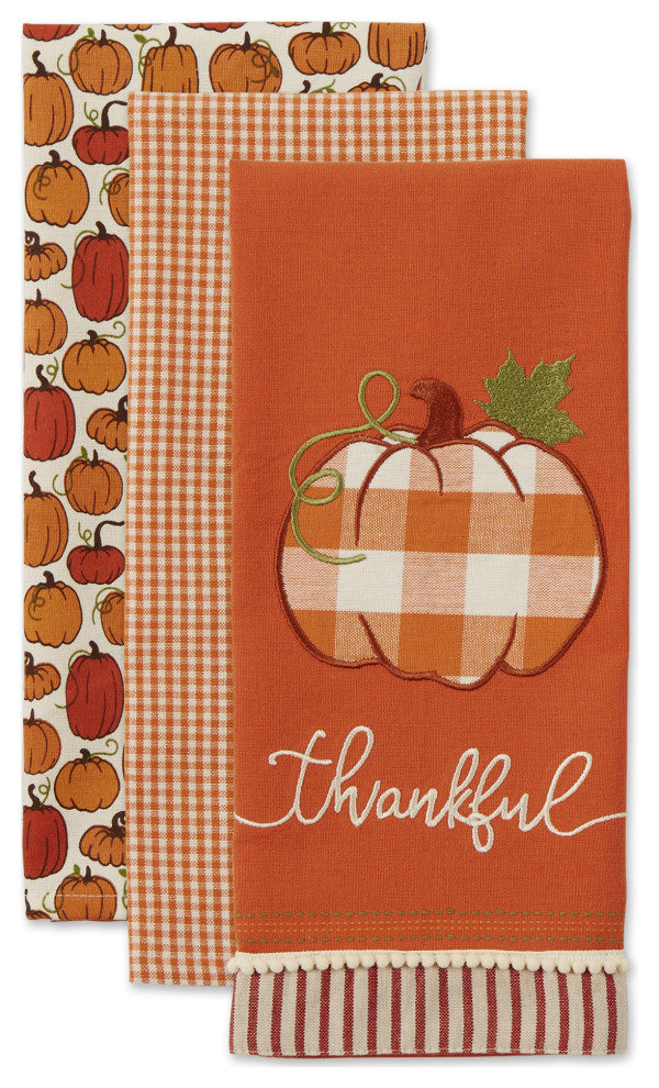 Assorted Thankful Check Pumpkin Dishtowel (Set of 3)