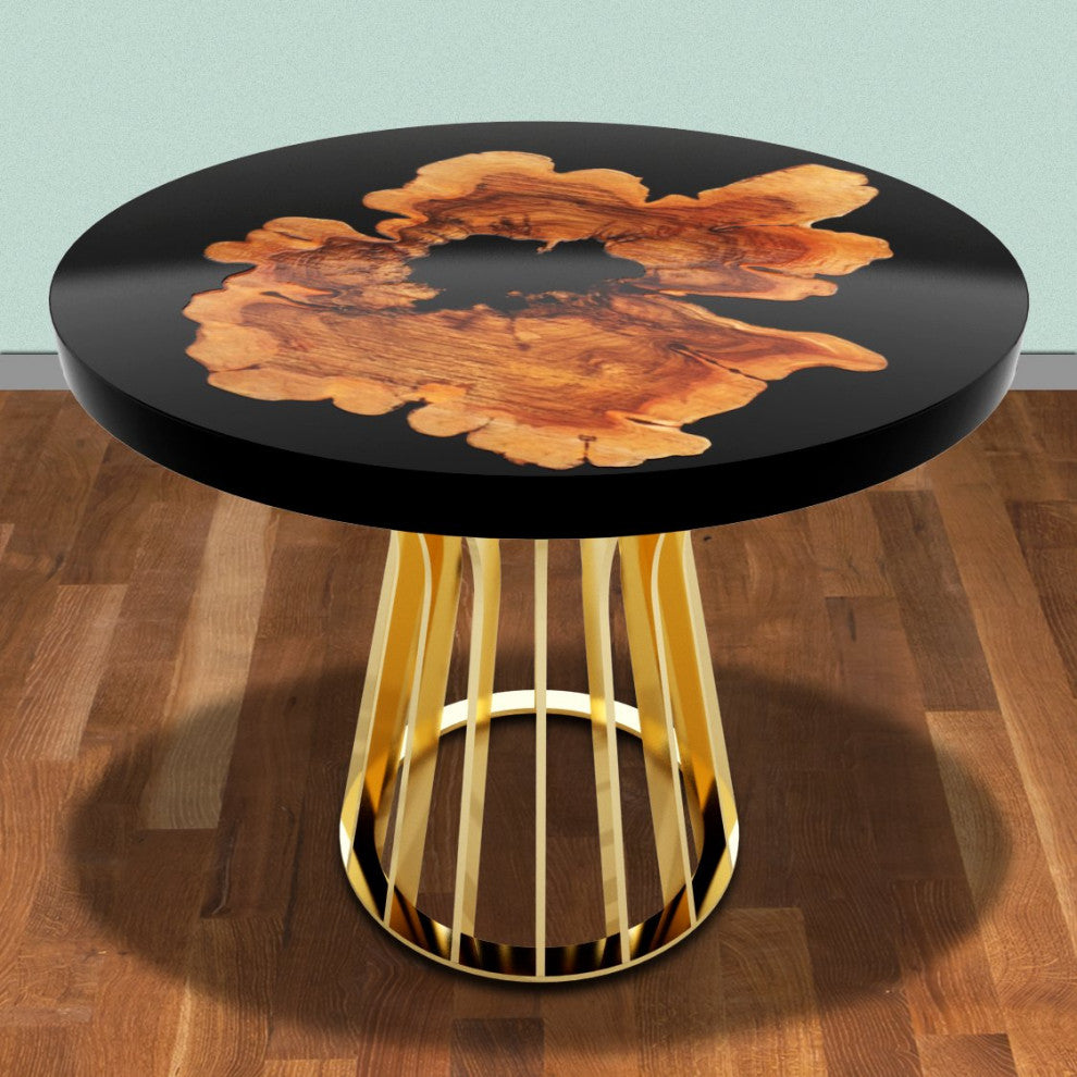 Cross-Cut Olive Wood Round Table, Black Top and Gold Base, 2 Seater
