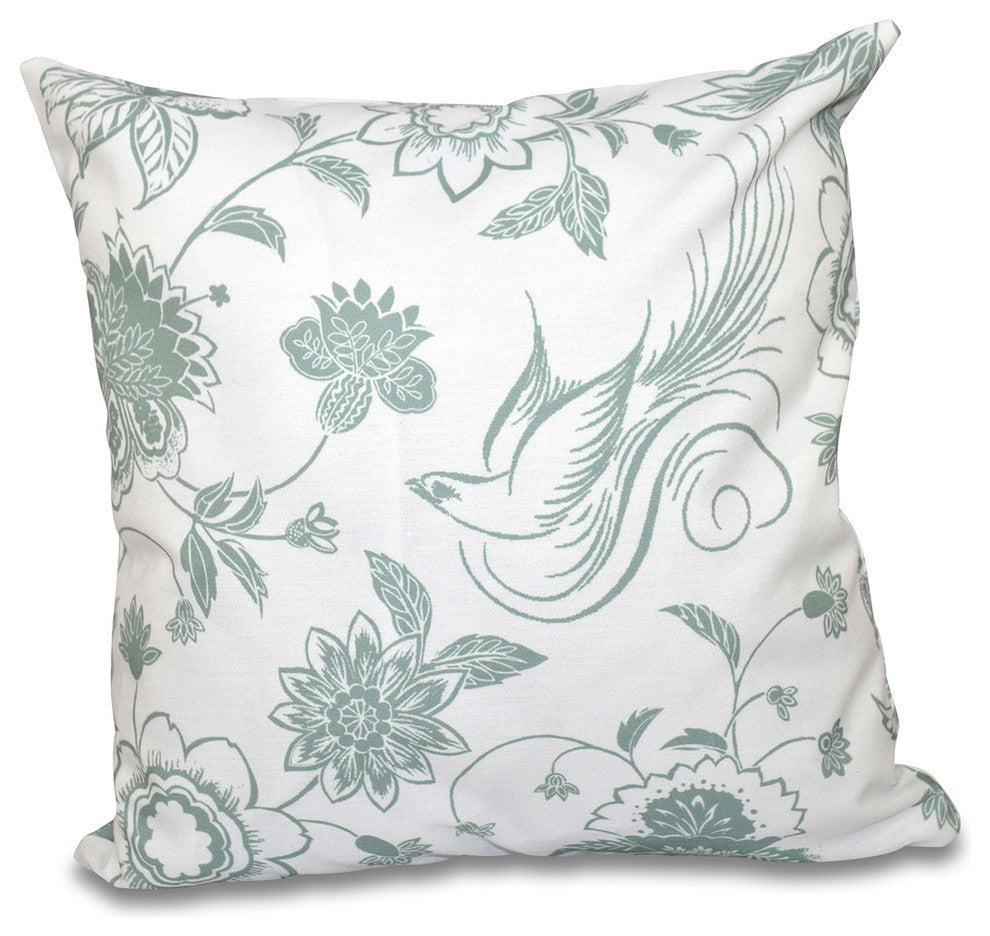 Traditional Bird Floral, Floral Outdoor Pillow, Green, 20"x20"