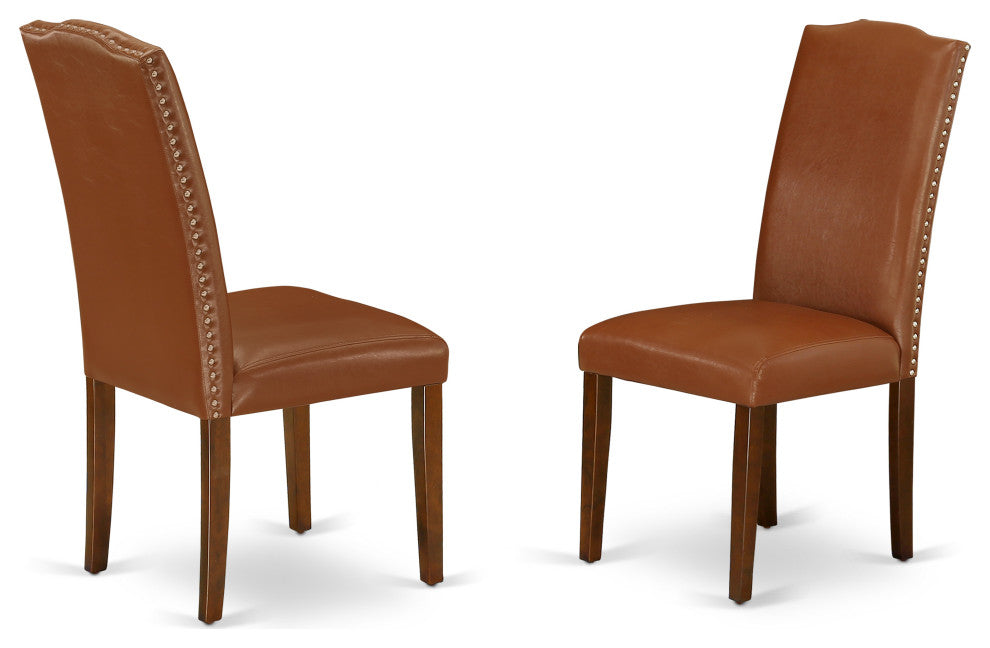 5 Pc Dining Set, Mahogany Round Table, 4 Brown Faux Leather Parson Chairs