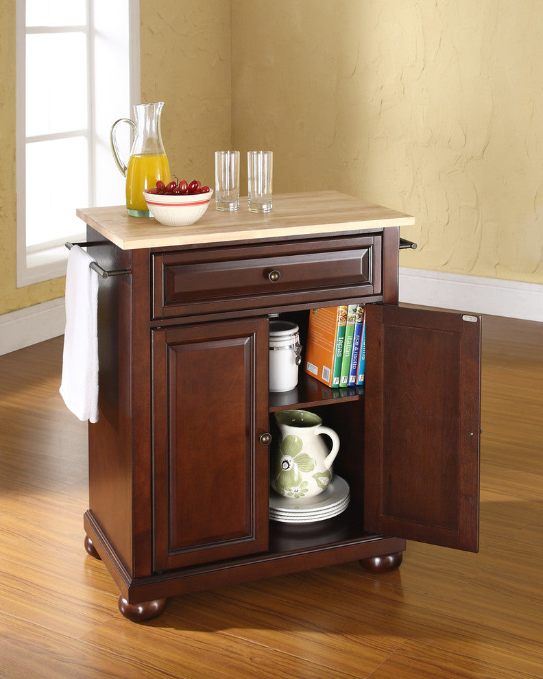 Alexandria Natural Wood Top Portable Kitchen Island, Vintage Mahogany Finish