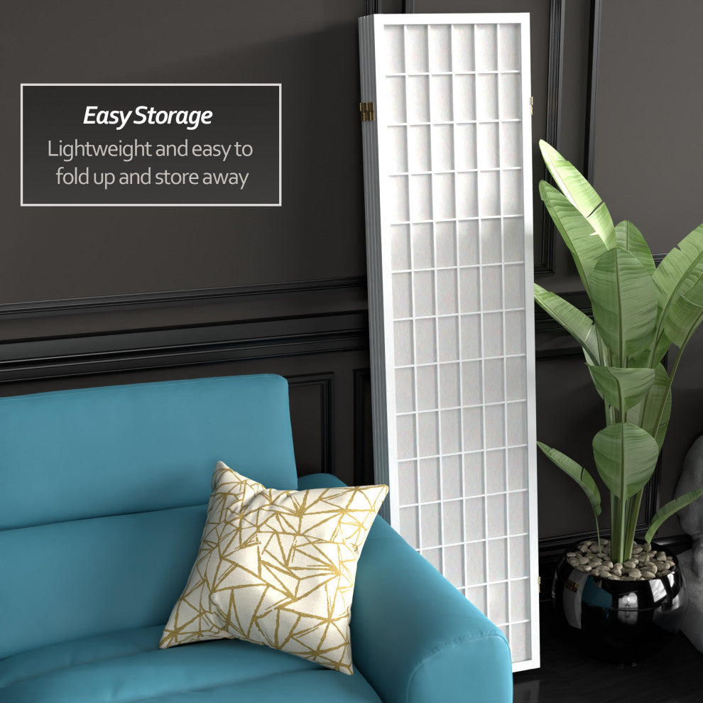 6' Tall Window Pane Shoji Screen, White, 5 Panels