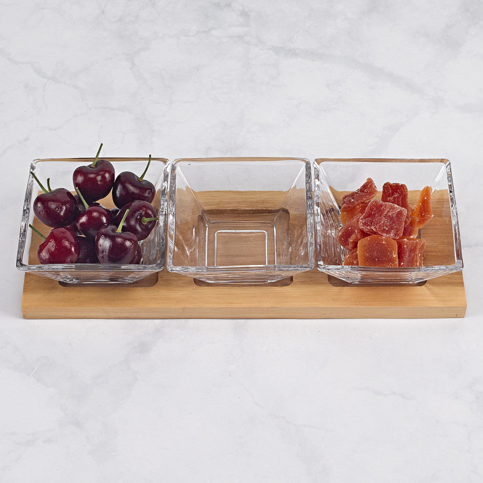 Hostess With 3 Glass Condiment on a Wood Tray, 4-Piece Set