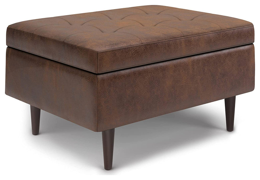 Square Storage Ottoman, Distressed Chestnut Brown Faux Leather Upholstery
