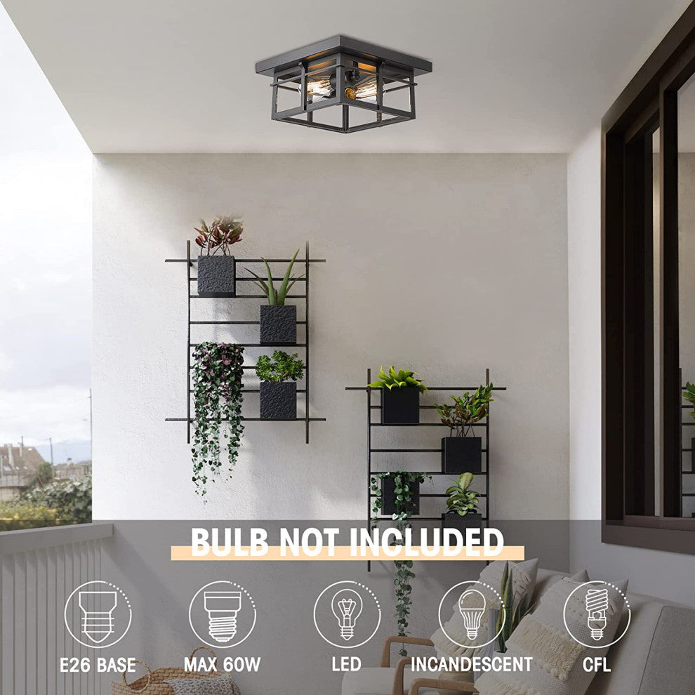 2 Light Farmhouse Flush Mount Ceiling Light Fixture Glass Black Close to Ceiling