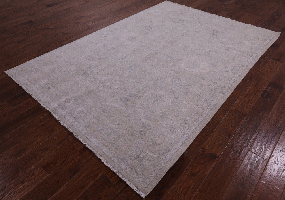 6' 1" X 8' 10" White Wash Peshawar Handmade Wool Rug Q9537