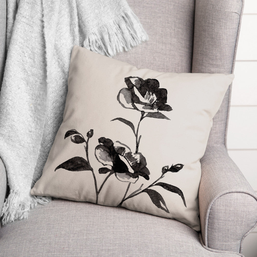 Inky Budded Rose II 18"x18" Spun Poly Pillow