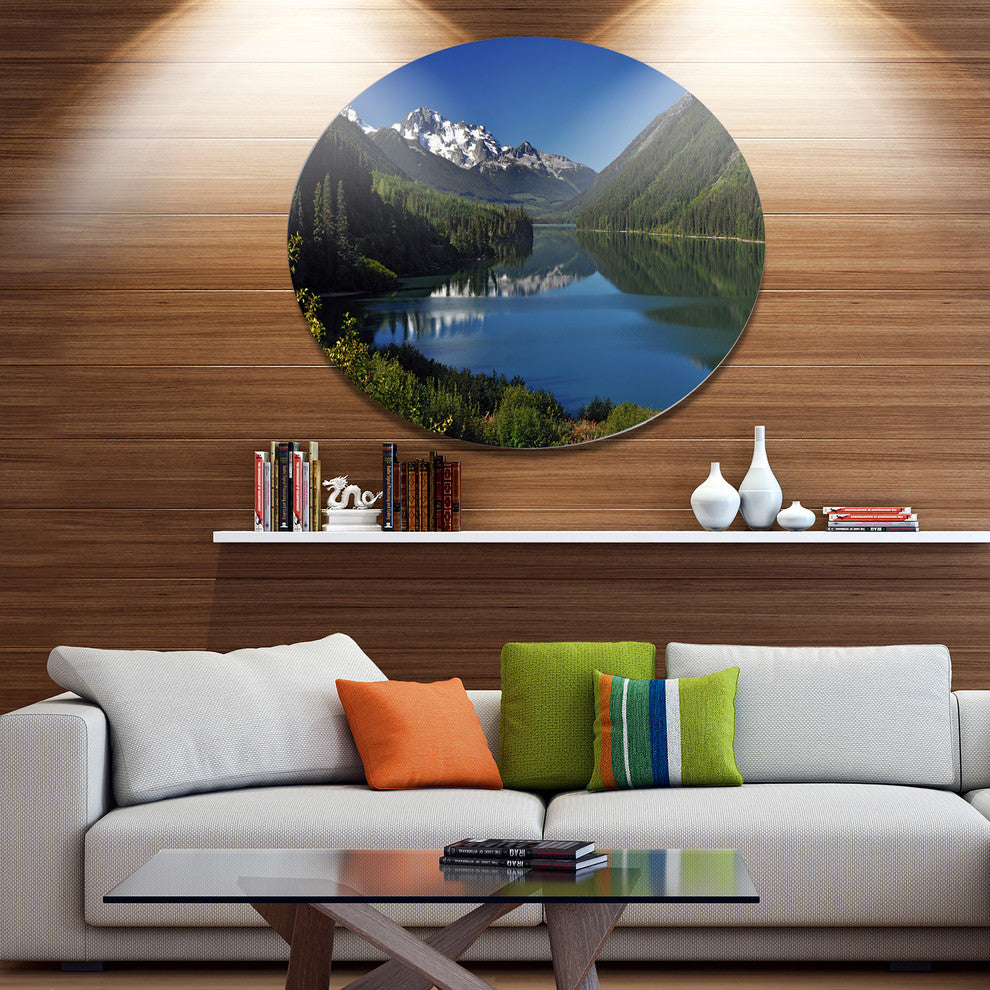 Calm Clear Lake With Mountains, Landscape Art Round Wall Art, 36"