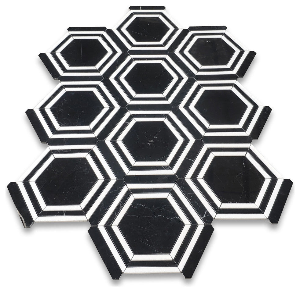 Nero Marquina Thassos Marble Hexagon Georama Geometric Tile Polished, 1 sheet