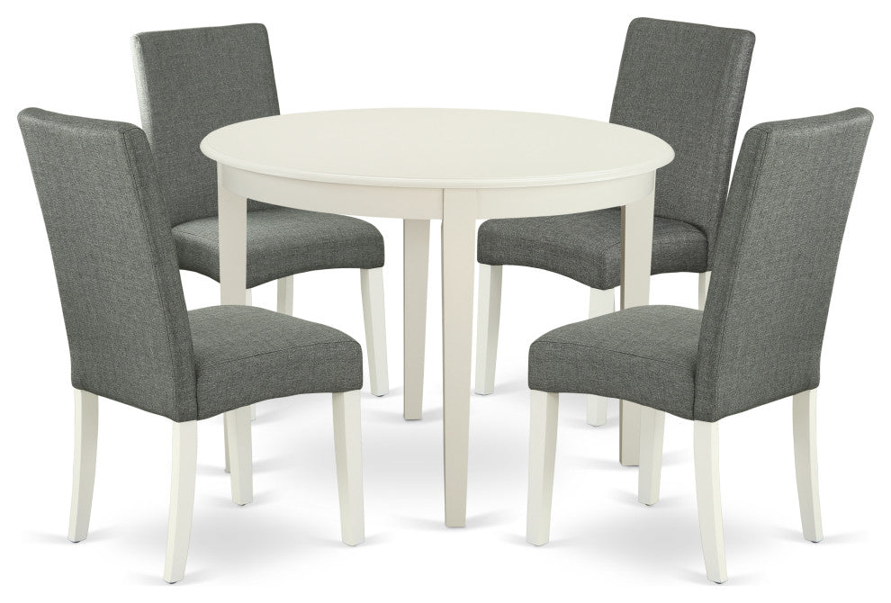 5Pc Round 42" Kitchen Table, Four Parson Chair, Linen White Finish Leg