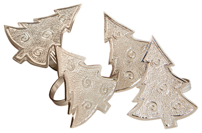 Tannenbaum Christmas Tree Holiday Metal Napkin Rings, Silver, Set of 4