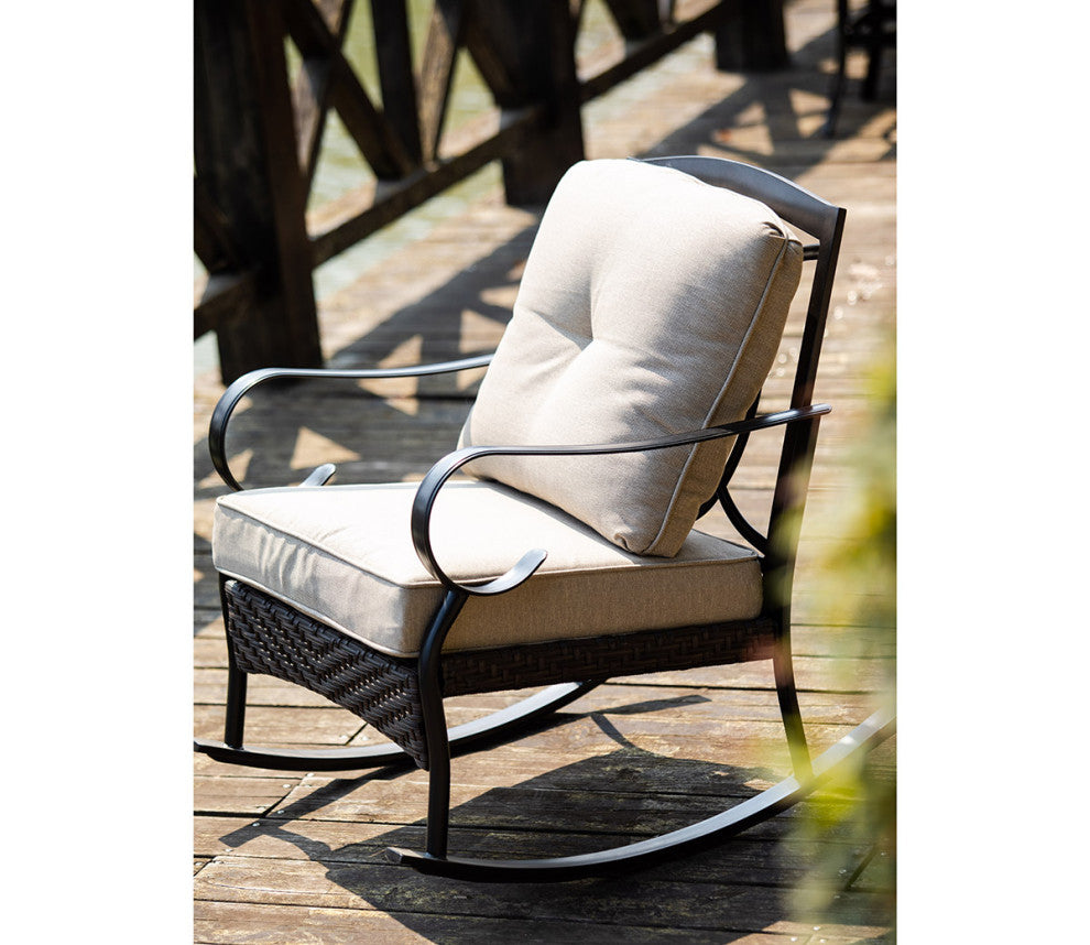 HomeRoots 25" X 33" X 34" Black Steel Patio Rocking Chair With Beige Cushions