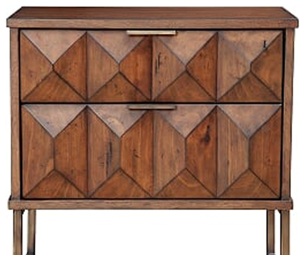 Benzara BM206680 2 Drawer Nightstand With Honeycomb Design and Metal Legs, Brown