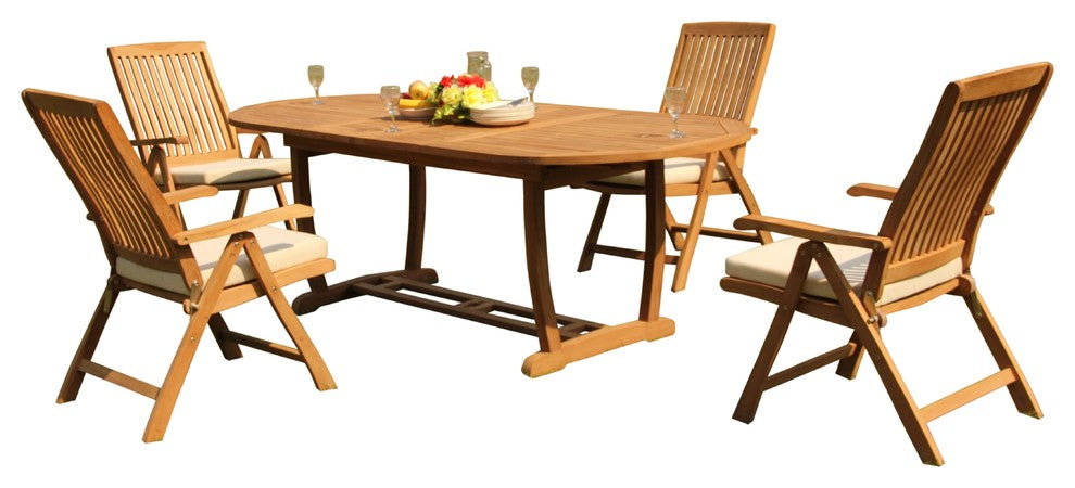 5-Piece Outdoor Teak Dining Set: 94" Masc Oval Table & 4 Marley Reclining Chairs