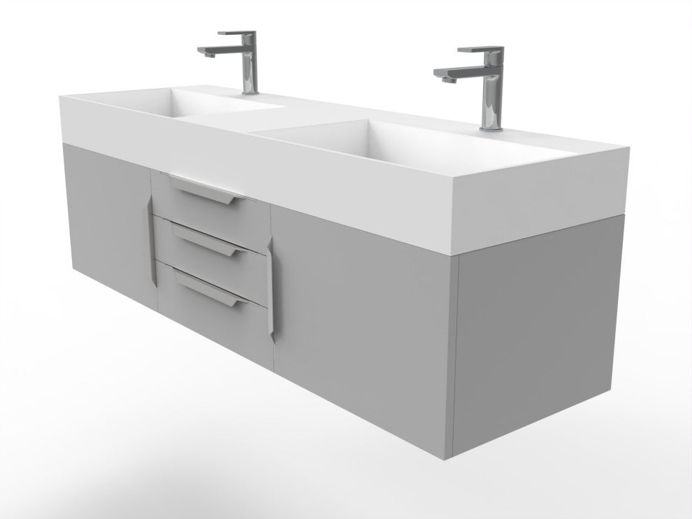 CastelloUSA Amazon 60" Wall Mounted Bathroom Vanity Set, Gray, White Top, Chrome Handles