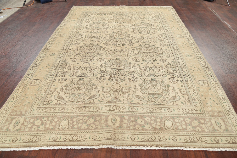 Consigned, Vintage-Style Faded Handmade Persian Traditional Area Rug, Beige, 6x9