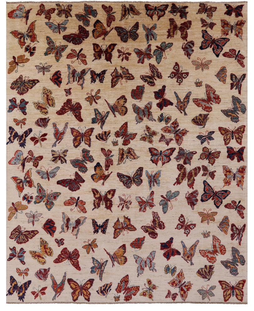 8' 0" X 9' 10" Butterflies Persian Gabbeh Handmade Wool Rug - Q12441