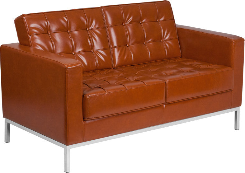 Modern Contemporary Cognac Leather Loveseat With Stainless Steel Frame