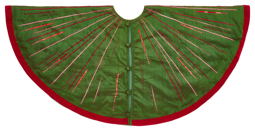Hand Beaded Starburst Christmas Tree Skirt in Green Silk, 60"