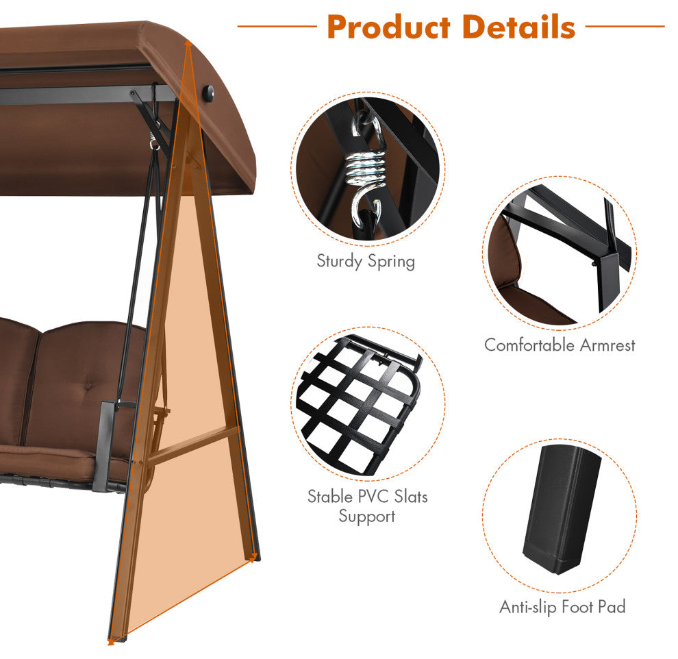 Costway Outdoor 3-Seat Porch Swing with Adjust Canopy and Cushions Brown