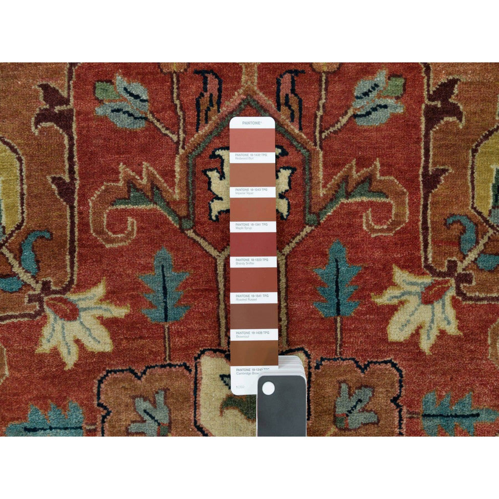 Red Hand Knotted Antiqued Fine Heris Re-Creation Wool Round Rug 11'10"x11'10"