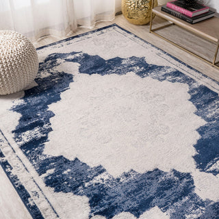 Alhambra Ornate Medallion Modern Runner Rug, Ivory/Navy, 4x6