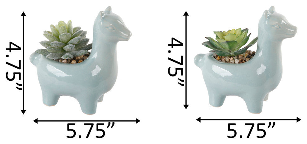 Set Of 2 Teal Ceramic Llama Succ  5.5"