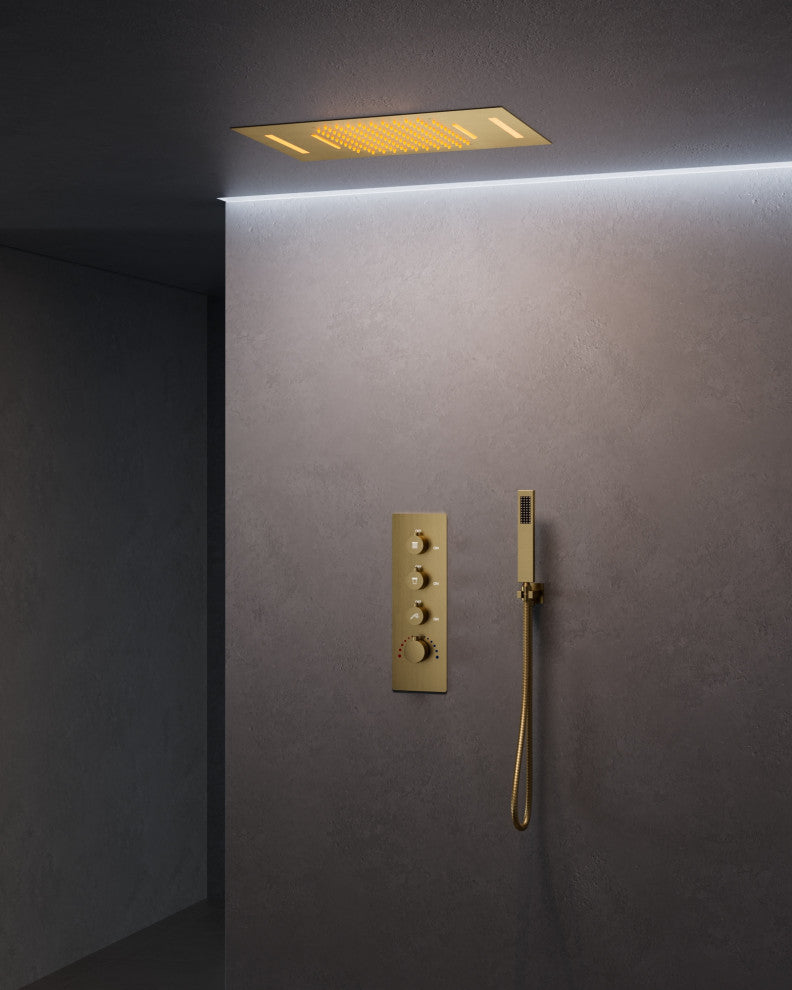 Thermostatic LED Shower System Rainfall Waterfall Shower Head w/ Hand Shower, Brushed Gold, 23 in.x 15 in.