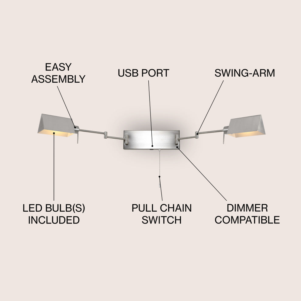 22" 1-Light Swing Arm Plug-In or Hardwired Iron LED Sconce With Pull-Chain