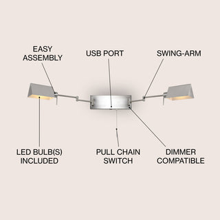 22" 1-Light Swing Arm Plug-In or Hardwired Iron LED Sconce With Pull-Chain