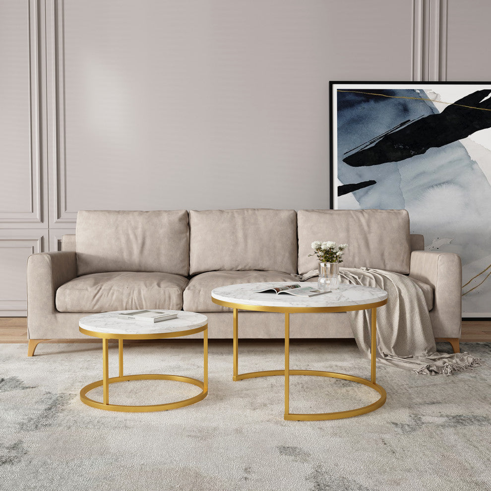 29 .5" Golden Frame Marble Color Top Round Wood Coffee Table, 2-Piece Set