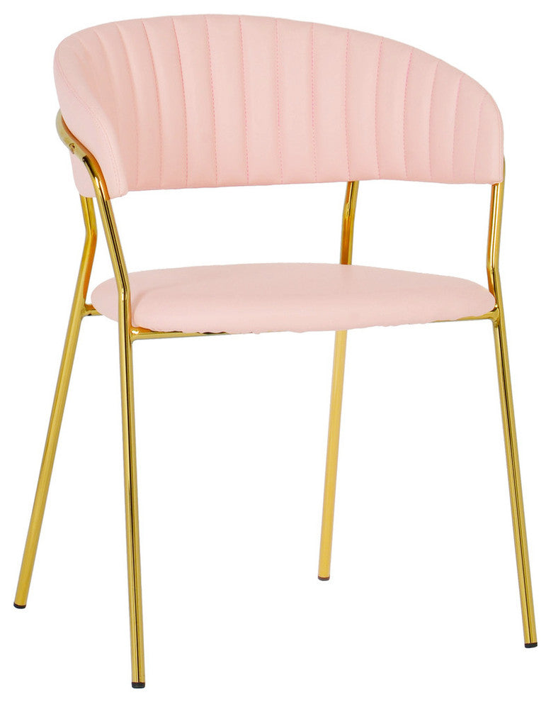 Faux Blush Pink Leather Dining Chair, Contemporary Modern Gold Side Chair SetOf2