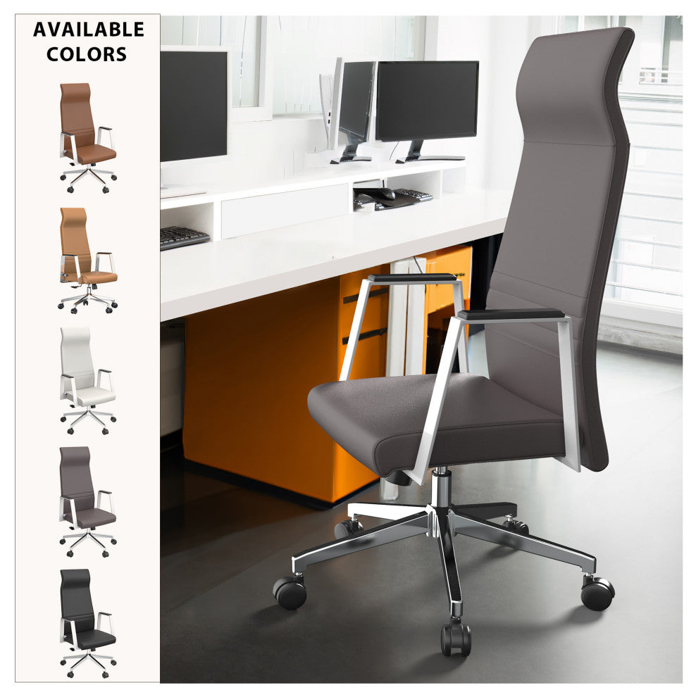 LeisureMod Aleen High-Back Leather Office Chair With Swivel and Tilt, Gray