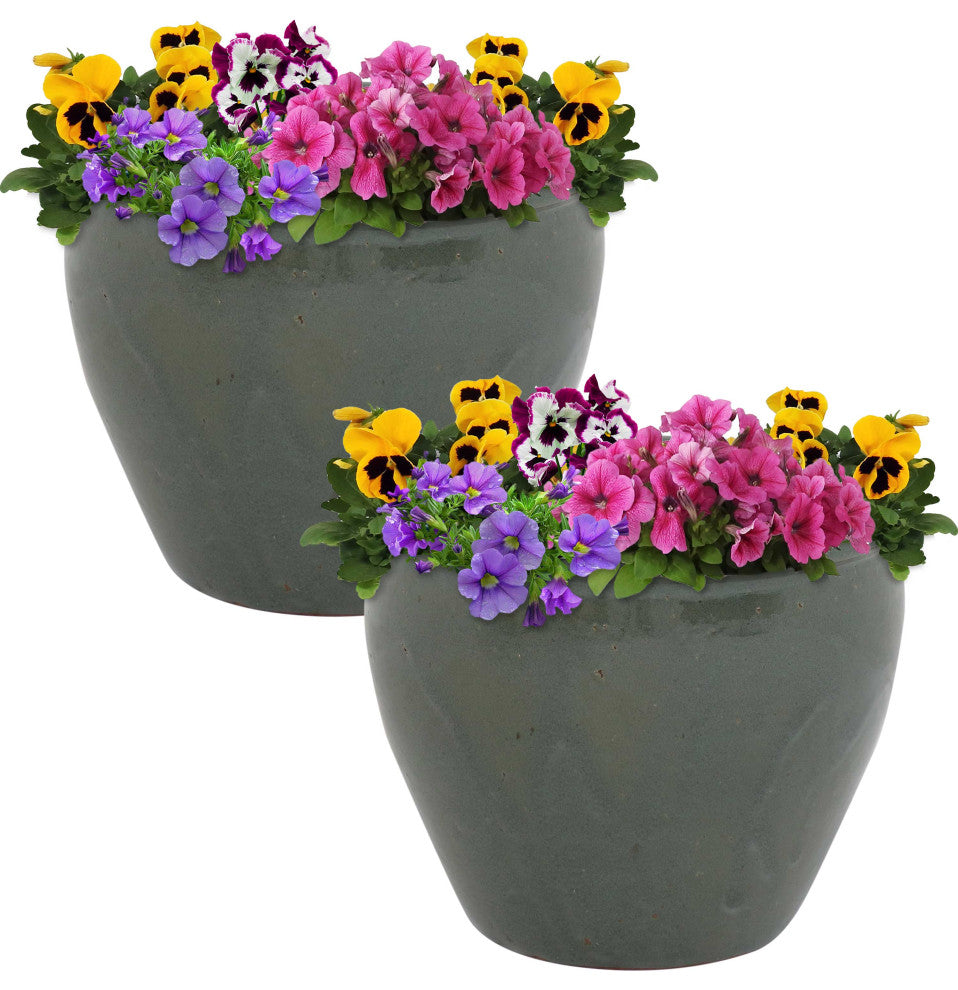 Sunnydaze Set of 2 Chalet High-Fired Glazed Ceramic Planter, Gray, 12"