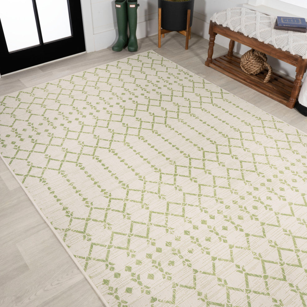 Ourika Moroccan Geometric Indoor/Outdoor Rug, Cream/Green, 8x10
