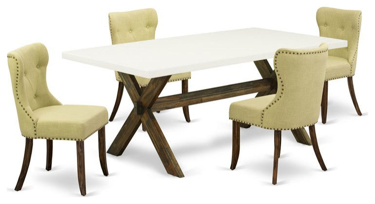 5-Piece Set, 4 Chairs, Table and Wooden Cross Legs-Linen White/Jacobean