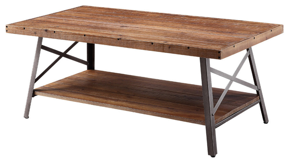 Wood Coffee Table With a Shelf, Weathered Oak and Sandy Black